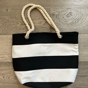 Canvas Stripe Tote Bag with Rope Handles - Black & White